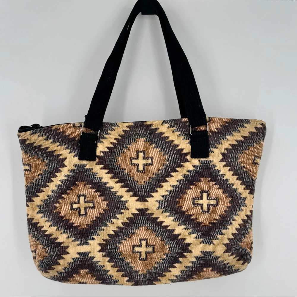 El Paso Saddle Blanket Beige Brown Southwestern Aztec Print Zip Tote Bag Woven